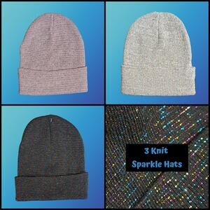 3 Winter Knit Toboggan Beanie Hats Solid Color With Rainbow Sparkle Threads OSFM